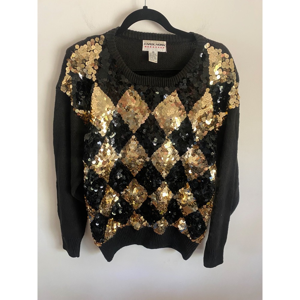 Carol Horn Workshop Vintage Black Gold Sequin Argyle Sweater Womens Medium Ramie